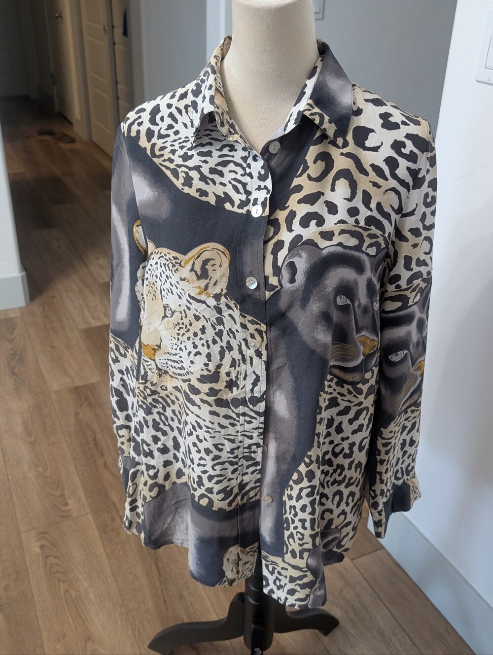 Silky Animal Print Button-Up Shirt- Black & Cream 100% Silk